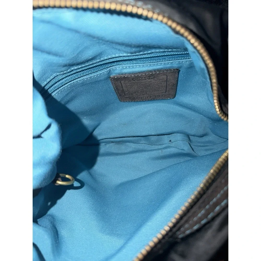 Coach Hampton Black Hobo Shoulder Bag Nylon Black Stitching  With Teal Lining